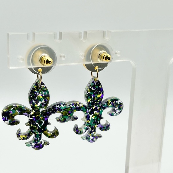 Mardi Gras Colorful Glitter Fleur-de-Lis and Mask Earrings Set of 2 - Picture 5 of 6